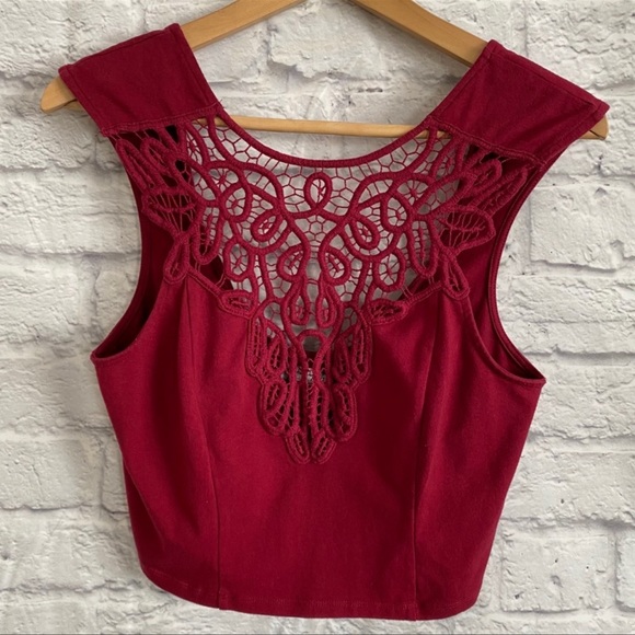 FREE PEOPLE Dark Red Crochet Crop Top - Picture 1 of 6